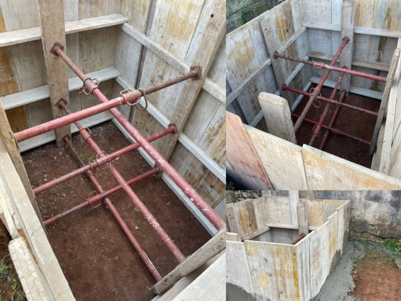 Trois étapes du coffrage d’une fosse funéraire avant coulage du béton