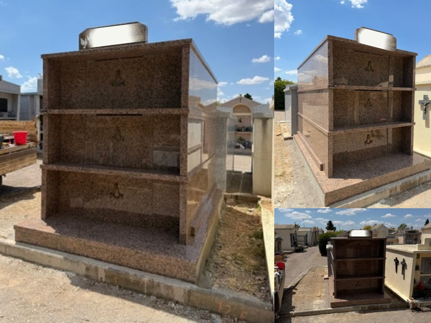 Trois vues d’un monument funéraire en pierre rose, aux lignes étagées